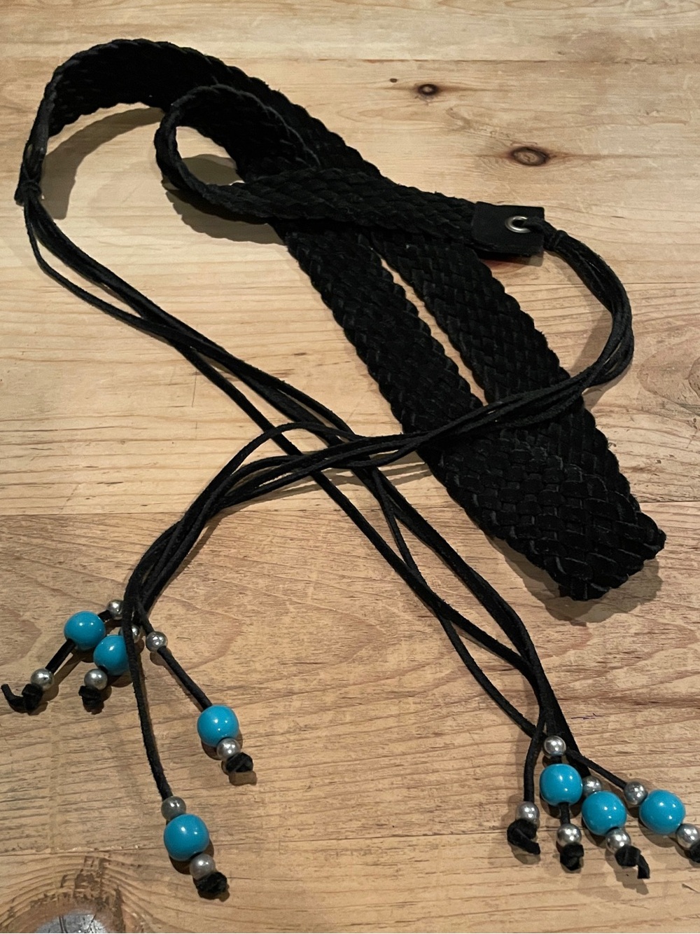 Black Leather Beaded Turquoise Braided Fringe Belt Western Equestrian Boho OS